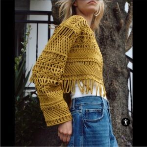 Zara Sz L Mustard Yellow Fringed Macramé Short Jacket Open Cardigan